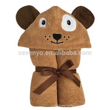 Child Hooded Bath Towel,Brown Dog with Appliqued Felt Eyes and Embroidered Nose and Freckles,100% Organic Cotton